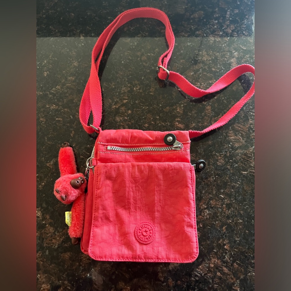 Kipling Pink Crossbody Bag Y2K Nylon Travel Purse Monkey Logo Accent